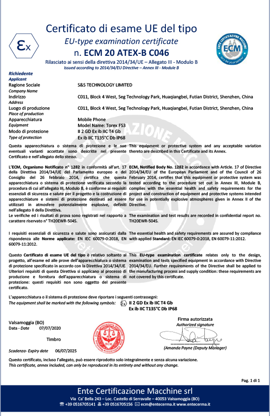 TOREX FS3 ATEX CERTIFICATE